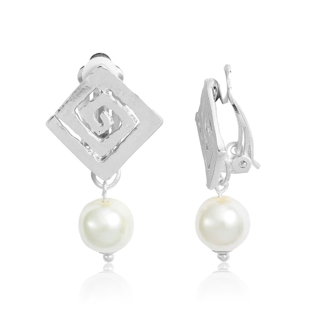 Square spiral X pearl clip Earrings