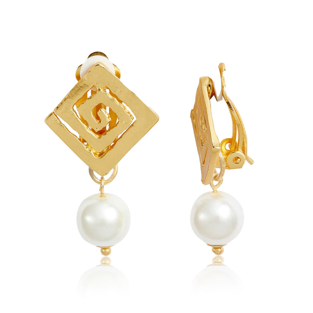 Square spiral pearl drop clip-on Earrings - Karine Sultan