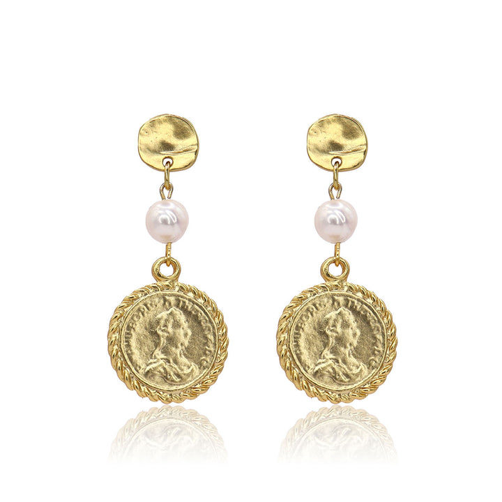 Coin and pearl linear drop earrings - Karine Sultan