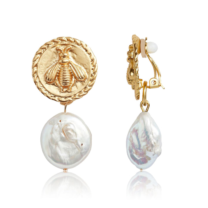 Bee clip & flat pearl clip-on earrings - Karine Sultan