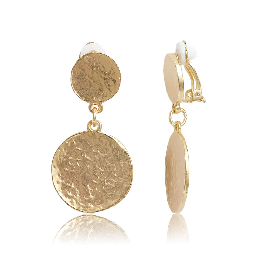 Hammered flat coin drop clip-on earrings - Karine Sultan