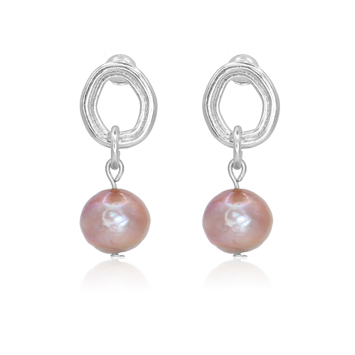 Carved stud and pink pearl drop earring