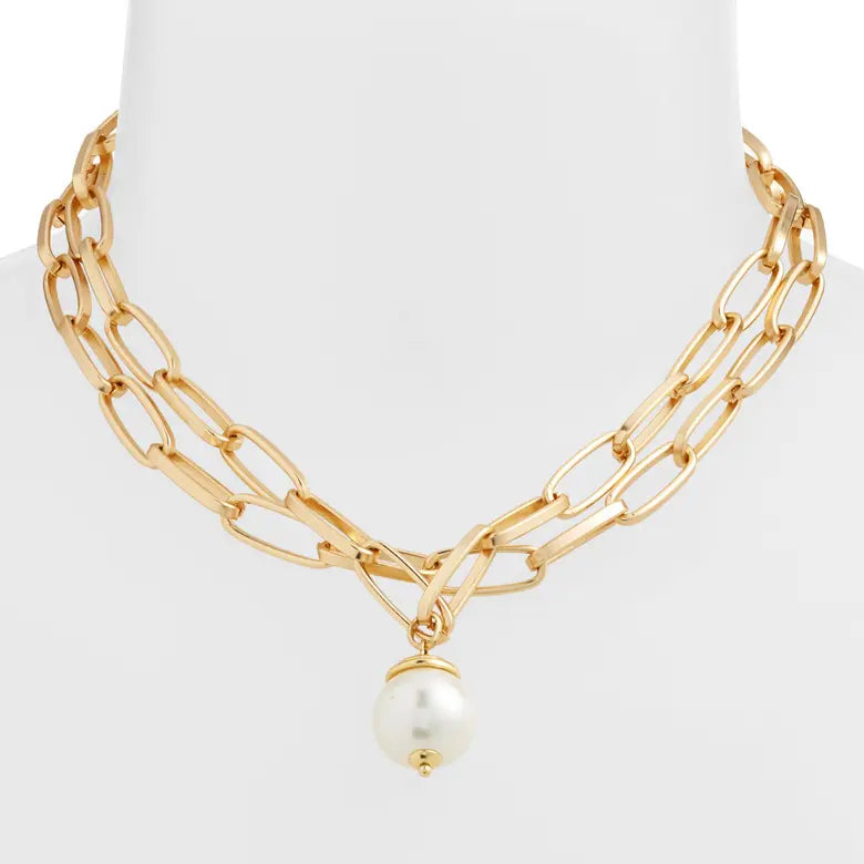 Polished link layered necklace with pearl drop - Karine Sultan